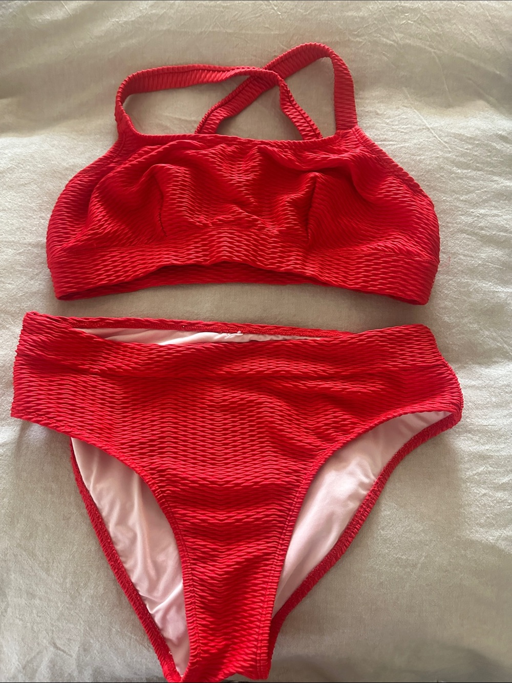 Red Textured High-Waist Bikini Set - Women Swim